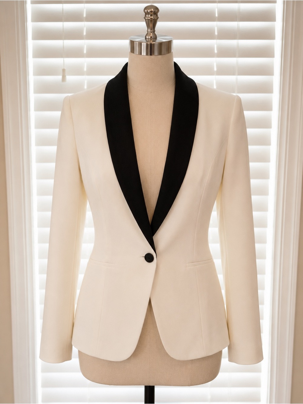 White House Black Market Cream Blazer with Black Shawl Collar